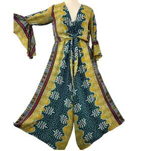 Cienna 2-Piece Raj Jumpsuit and Crop Top Bolero Silk Blend Green Floral S/M NWT